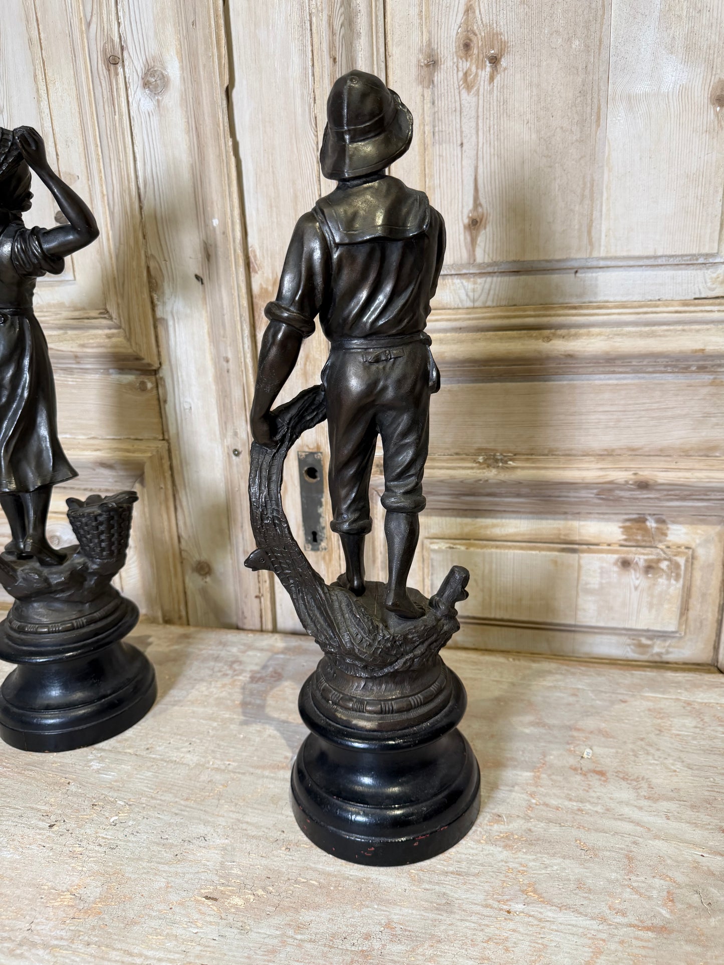 Pair of Bronze Fisher Figures on Wood Base, 1900