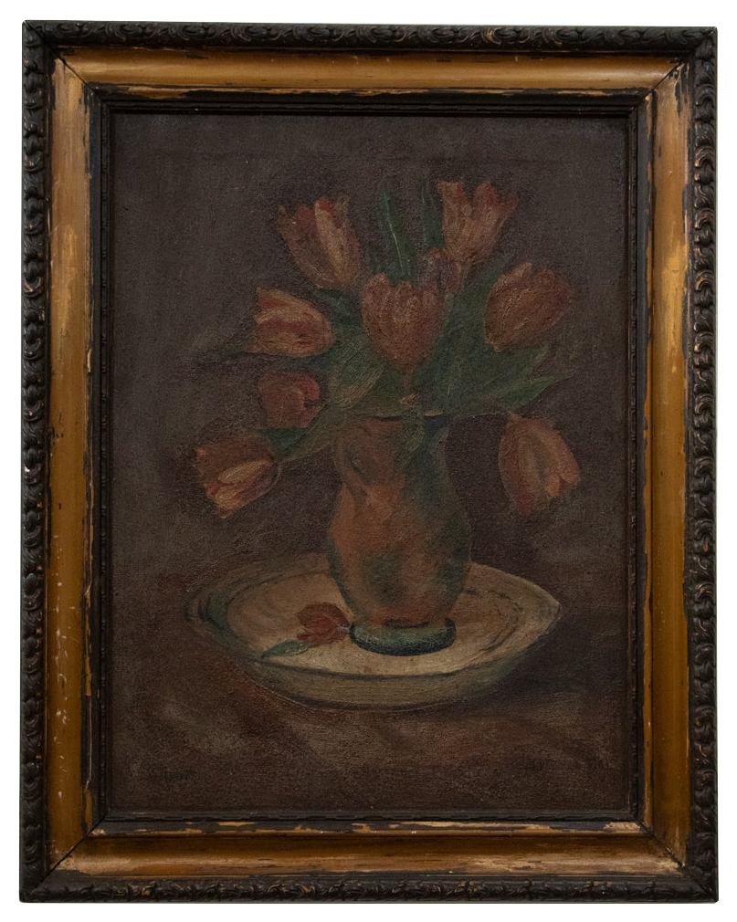 Oil on Canvas Still Life of Tulips in Vase on a white background