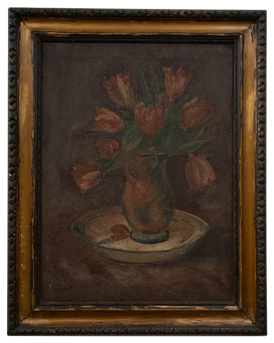 Oil on Canvas Still Life of Tulips in Vase on a white background