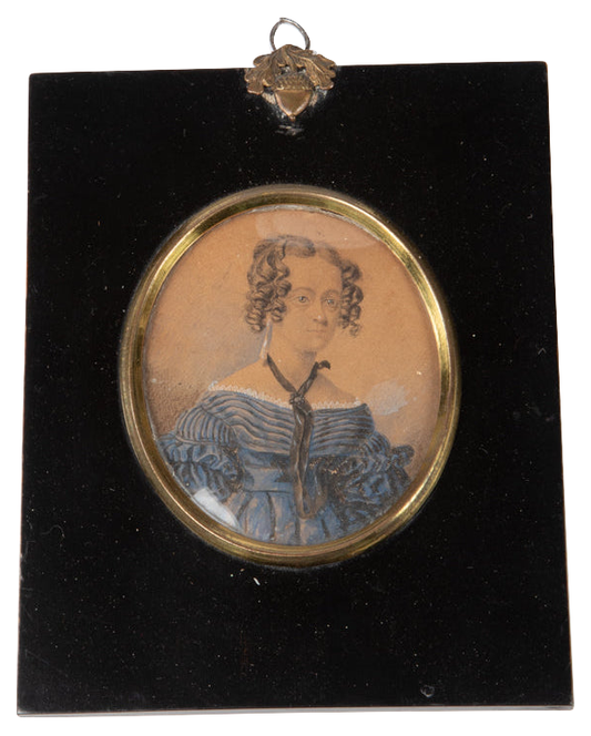 Oval Portrait of Lady in Blue Dress on a white background