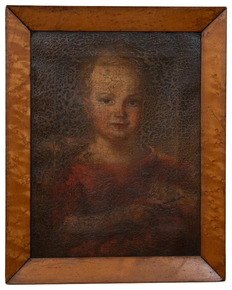 Antique European Child Portrait, Signed “Walter…”, After an Earlier Master, Burl Wood Frame on a white background