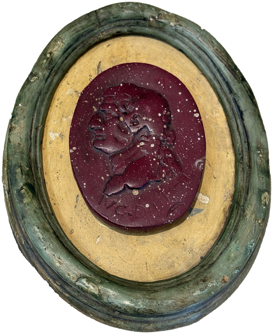 Large Plaster Intaglio with Burgundy Center and Green Frame on a white background