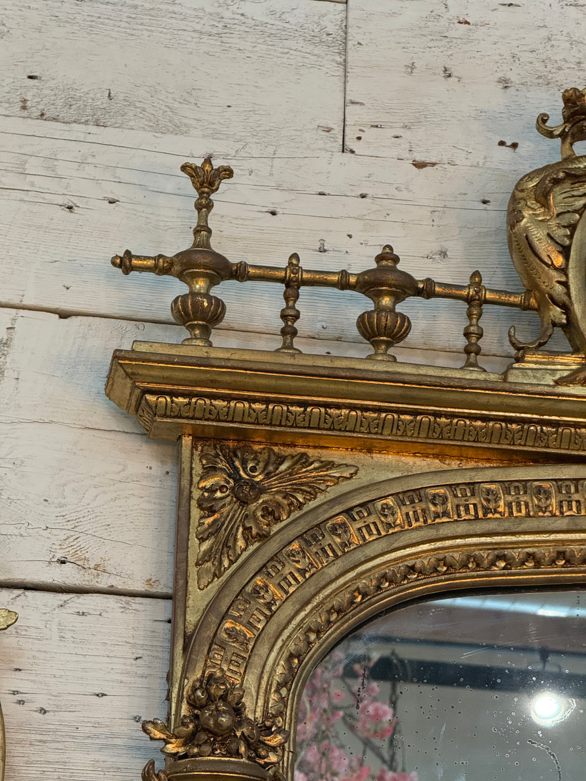 Monumental Louis XVI Style Giltwood Mirror with Foliate Crest