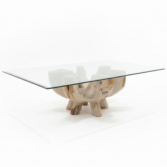 Glass Top Natural Root Coffee Table