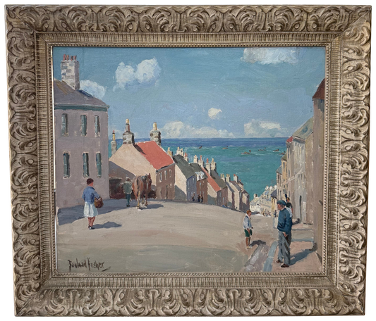 Cornwall Fishermans Painting Circa 1940 on a white background