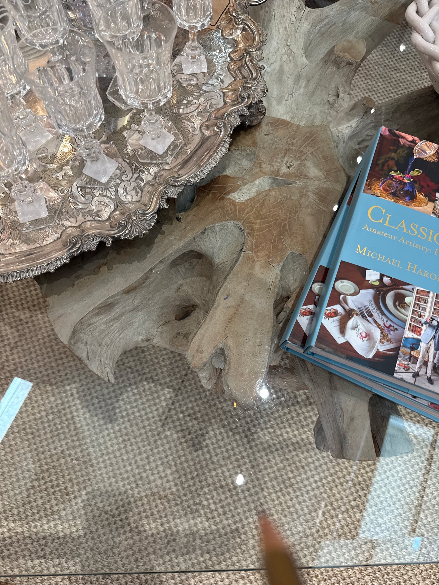 Glass Top Natural Root Coffee Table