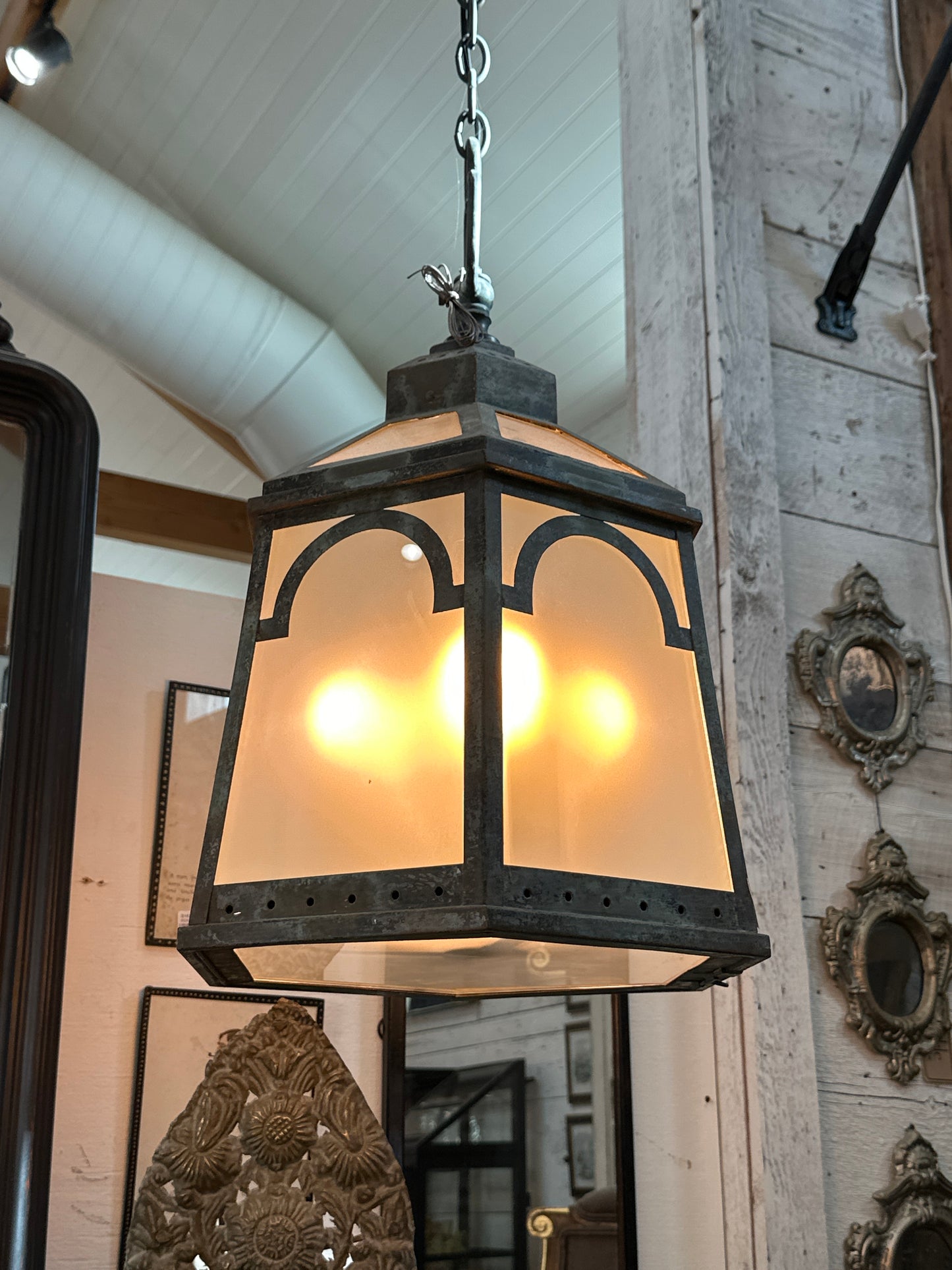 Steel and Bronze M/SLanterns with opaque glass 1920