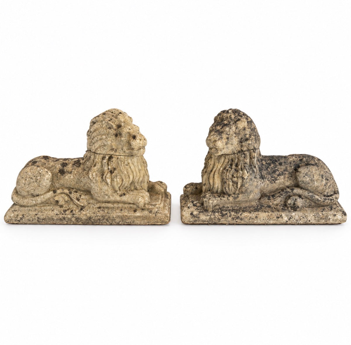 Pair of Antique Composite Stone Lion Statues – Weathered Garden Guardians