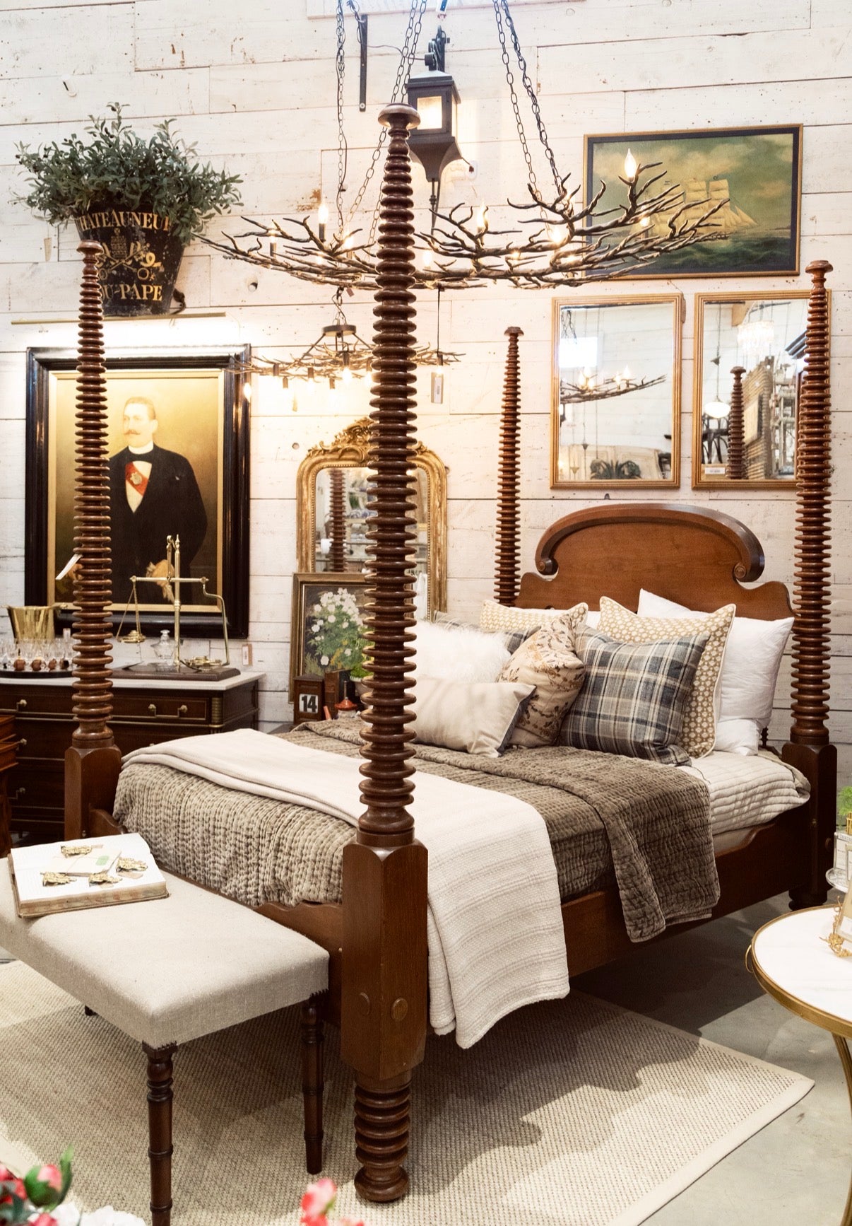 Monumental 19th Century American Empire Mahogany Bobbin Turned Four Poster Canopy Bed — 98” Tall