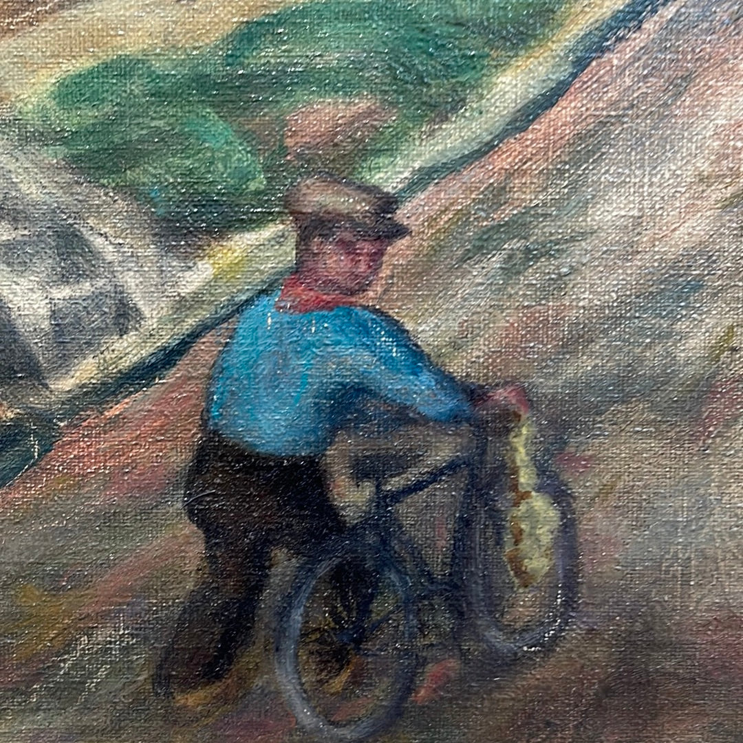 Mid-Century Artist Signed 1950 Oil on Canvas Park Man on Bicycle