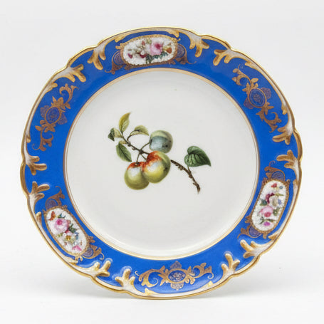 Circa 1850 French Paris Porcelain Plates with Hand Painted Fruit and Cobalt Gilt Rims
