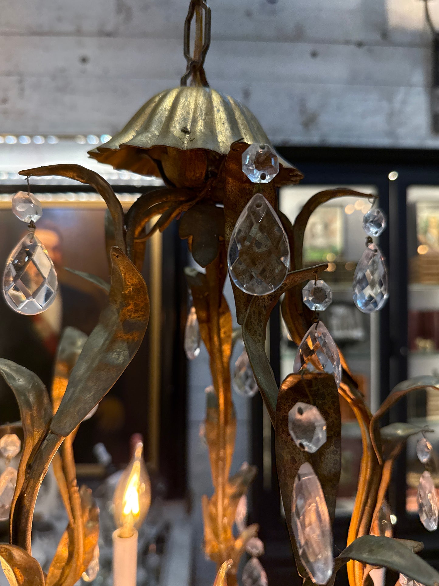 Gilt Iron and Crystal Drop Chandelier