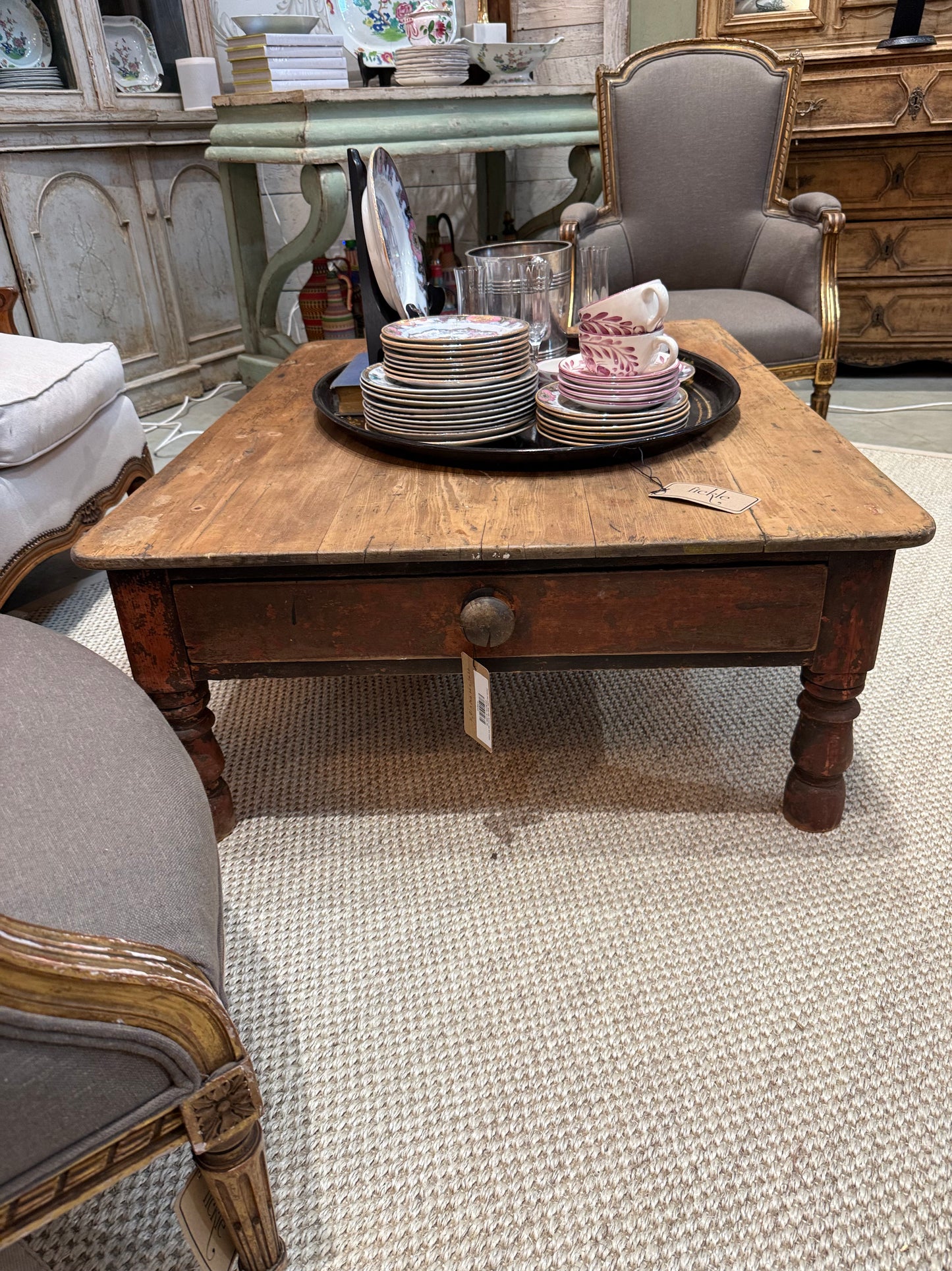 French Oak Coffee Table with Turned Legs and Drawer