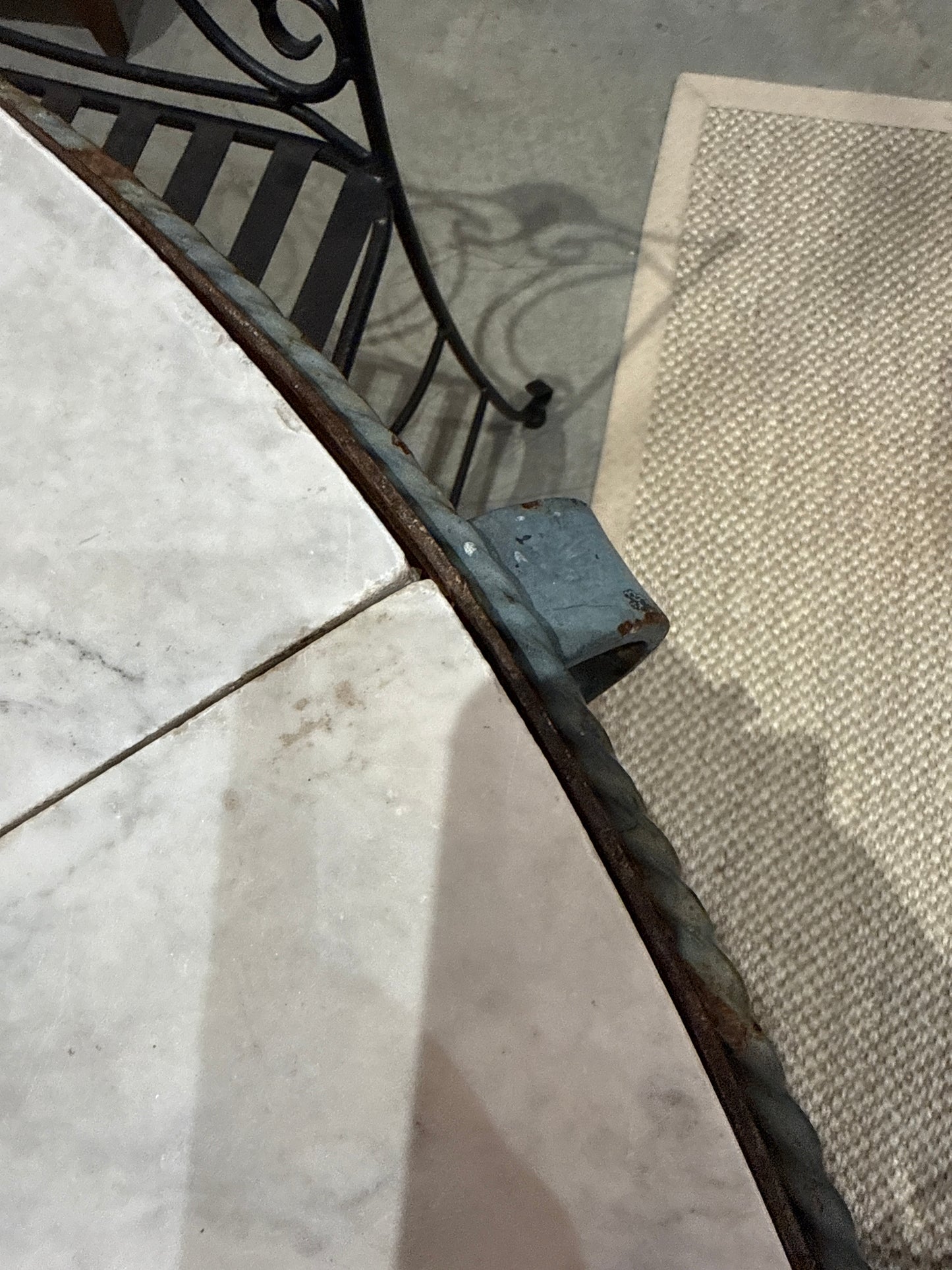 Art Deco Round 4 Piece Marble Top Table with Wrought Iron Base