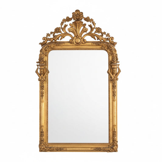 Monumental Louis XVI Style Giltwood Mirror with Foliate Crest