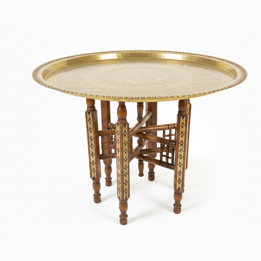 Early 20th Century Moorish-Patterned Brass Tray Table with Inlaid Wooden Base
