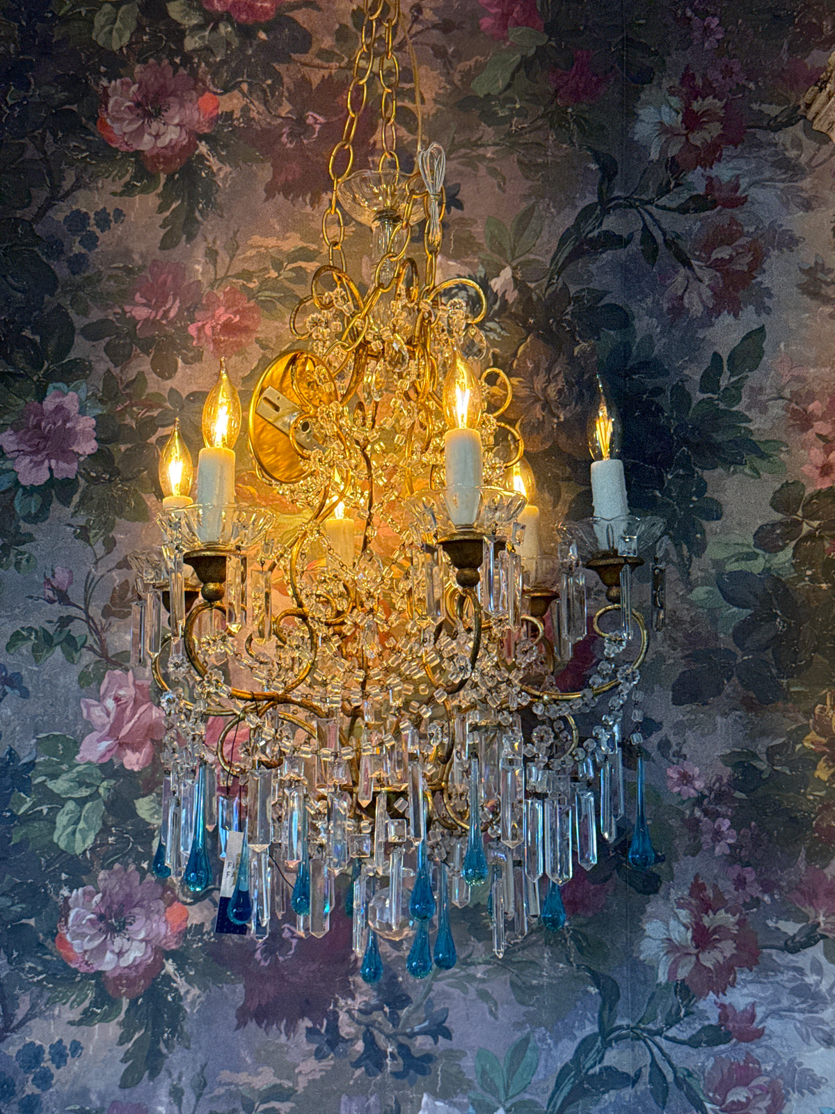 6 Arm Crystal Chandelier with Deep Blue Drops