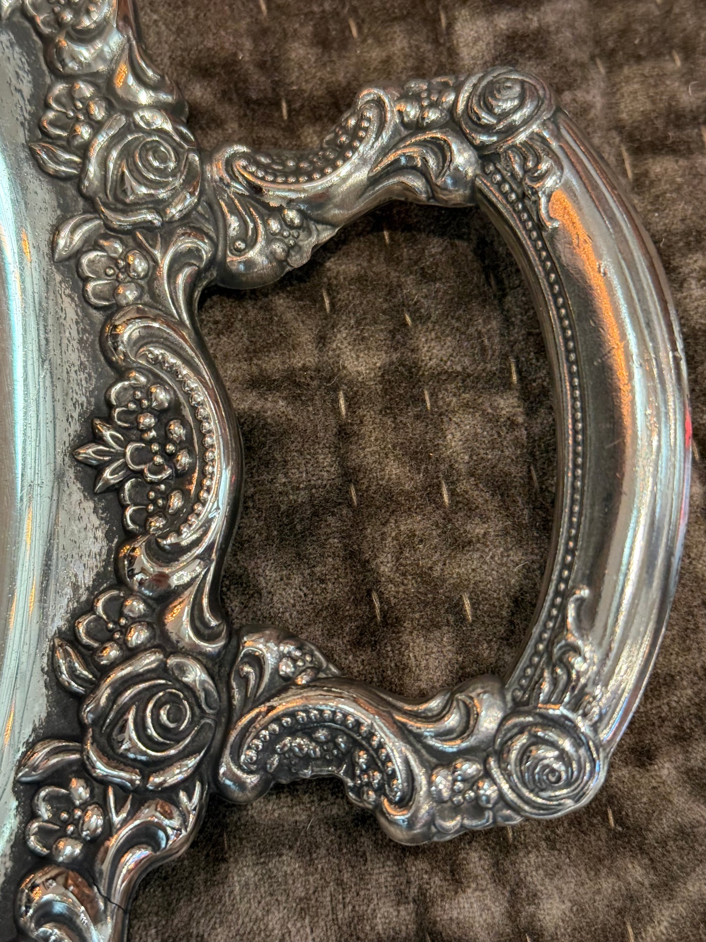 Large Vintage Silverplate Round Serving Tray with Ornate Floral Border and Handles
