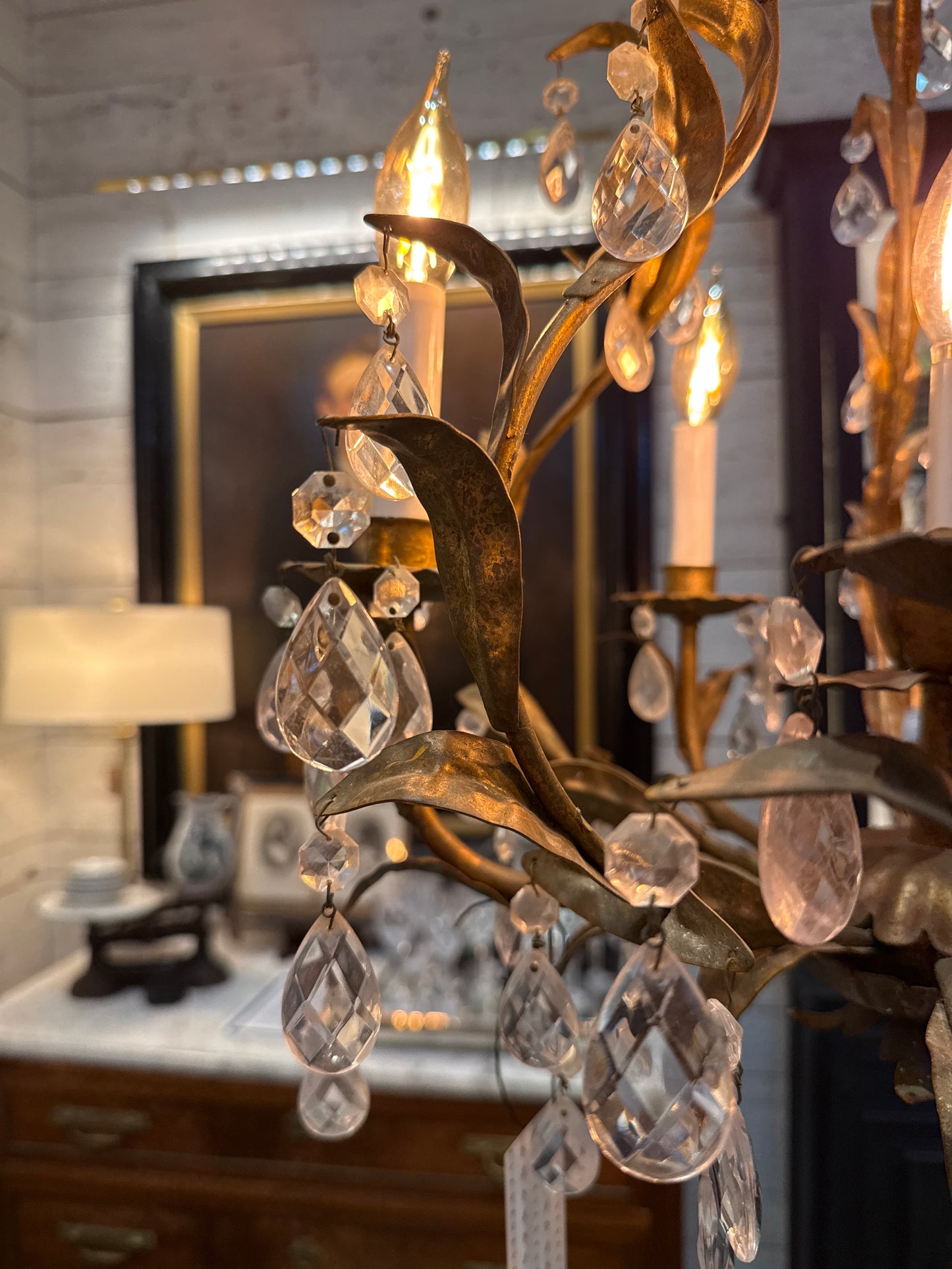 Gilt Iron and Crystal Drop Chandelier