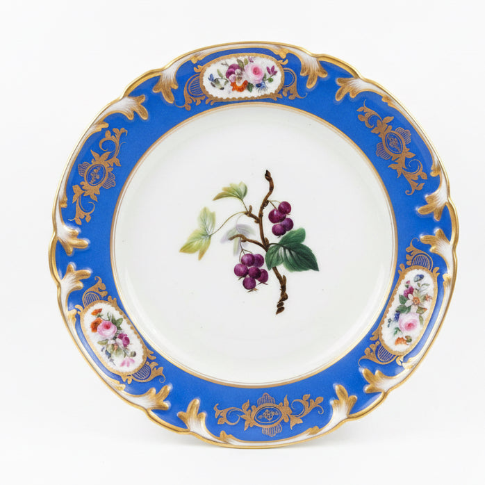 Circa 1850 French Paris Porcelain Plates with Hand Painted Fruit and Cobalt Gilt Rims