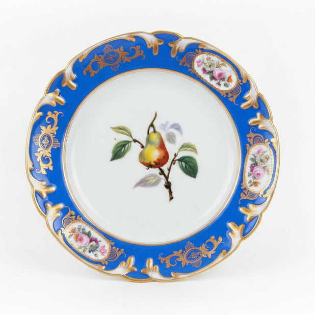 Circa 1850 French Paris Porcelain Plates with Hand Painted Fruit and Cobalt Gilt Rims
