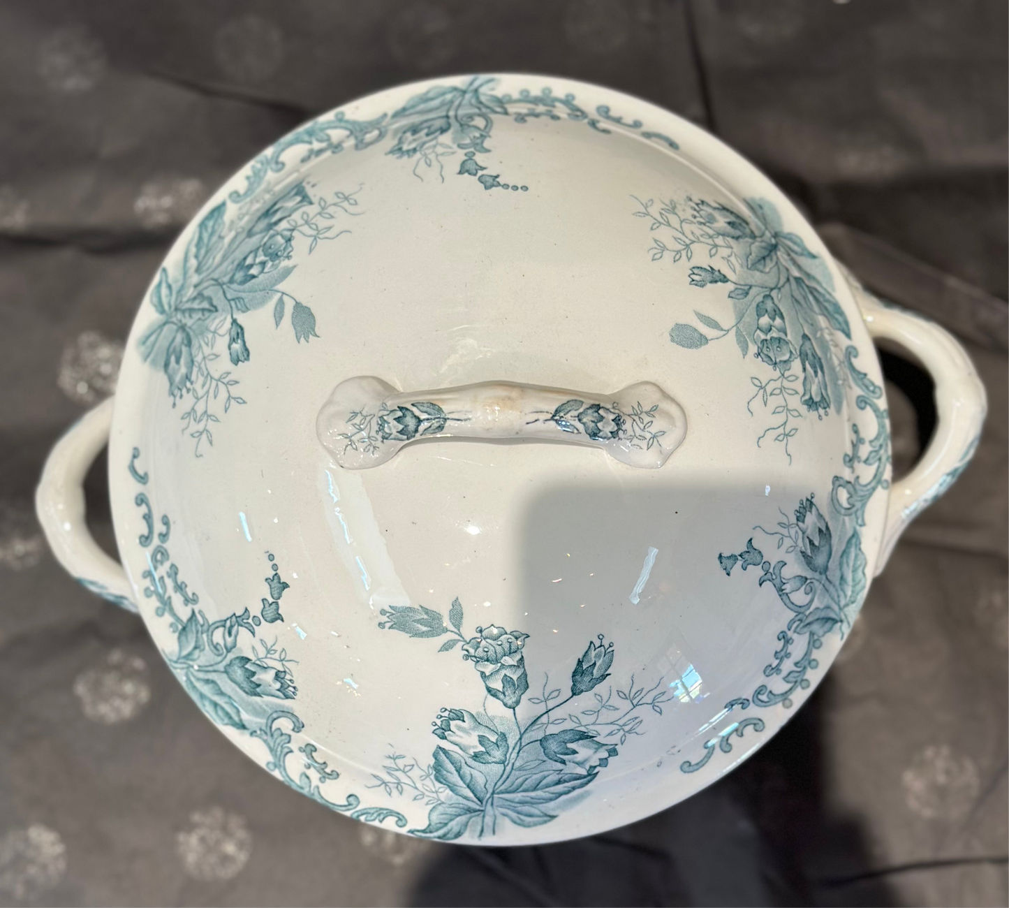 Antique French Ironstone Soup Tureen “Clochettes” Pattern, Blue Floral