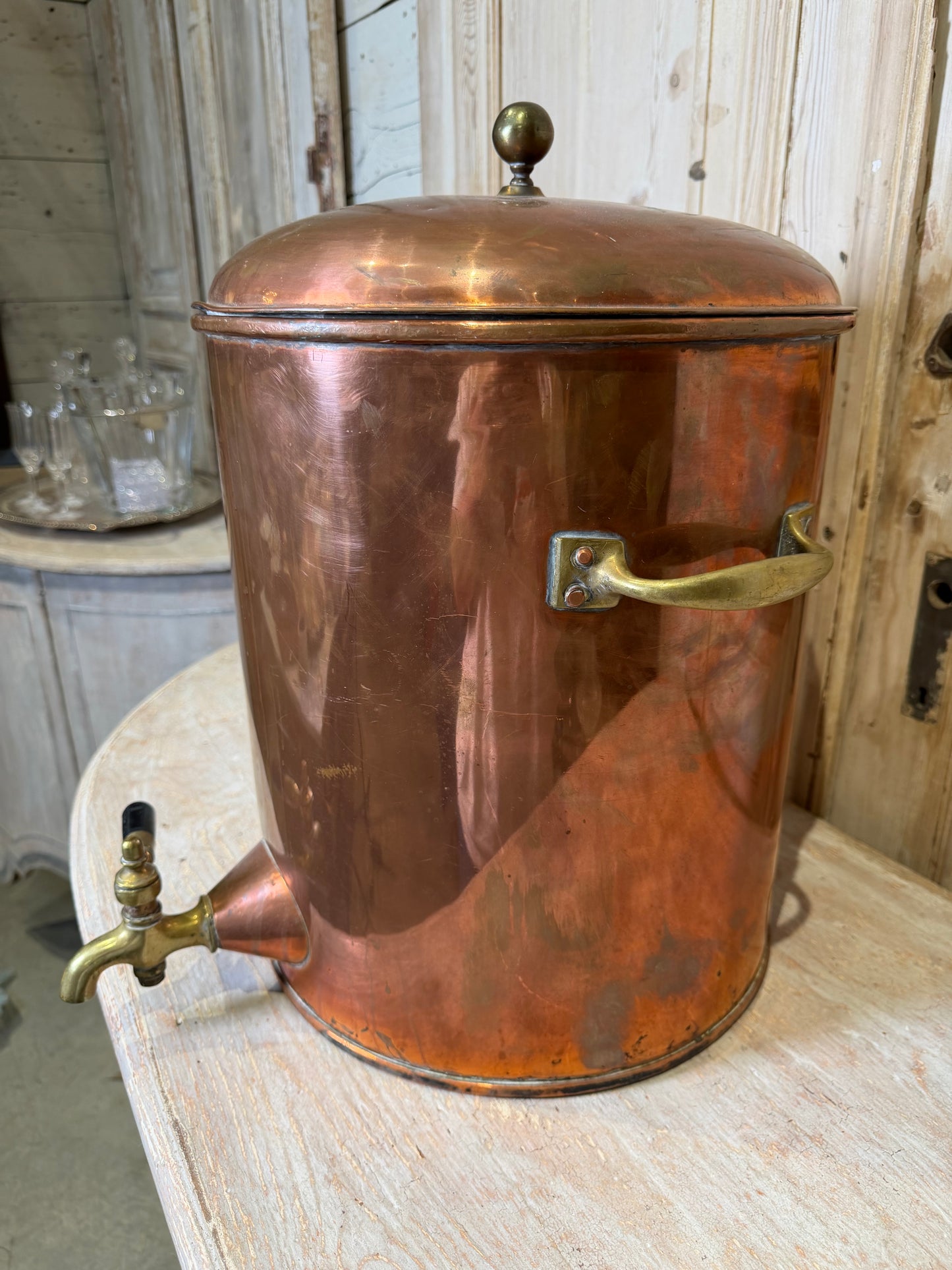 Copper Beverage Dispenser with Brass Spigot Circa 1900