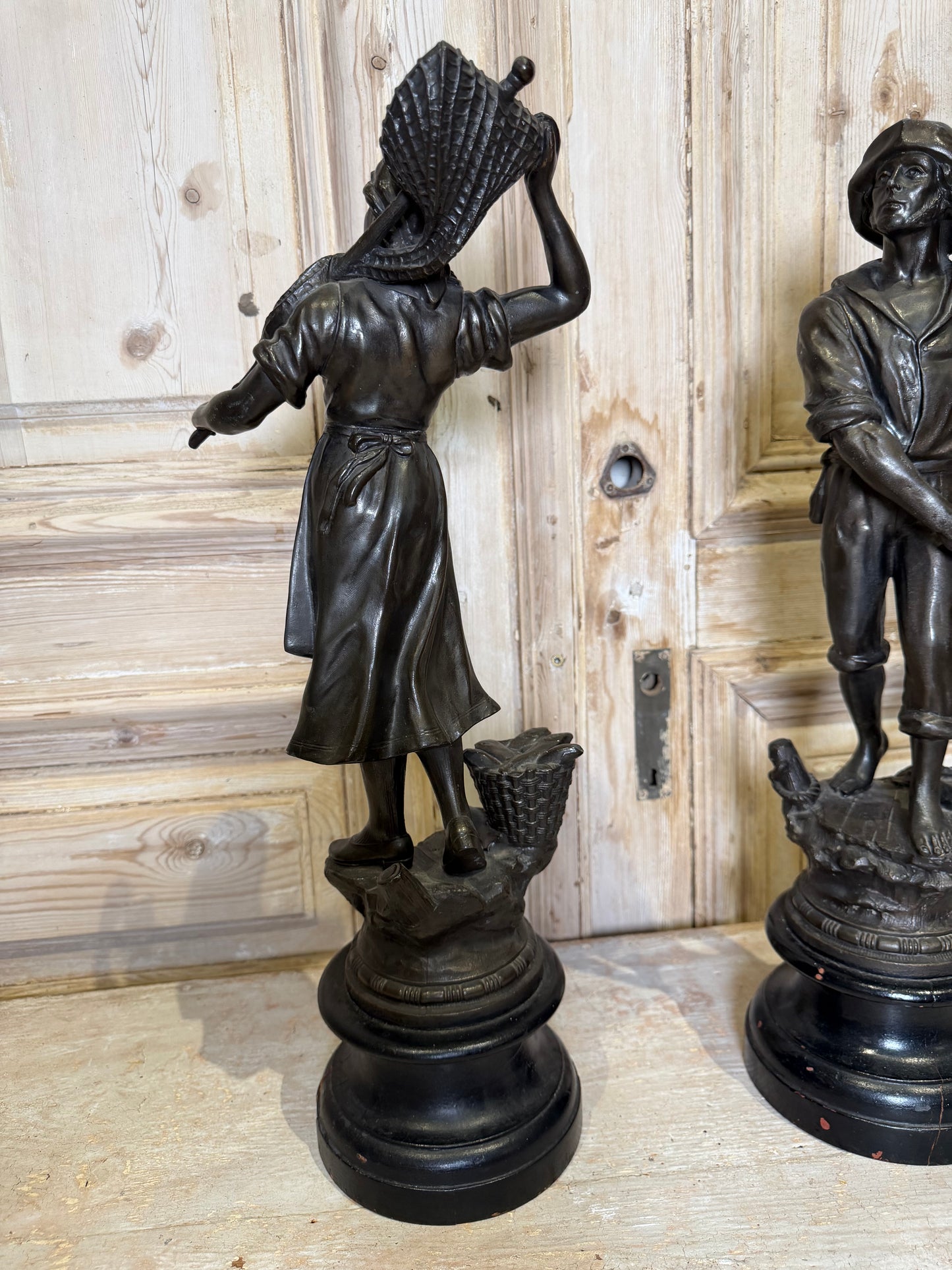 Pair of Bronze Fisher Figures on Wood Base, 1900