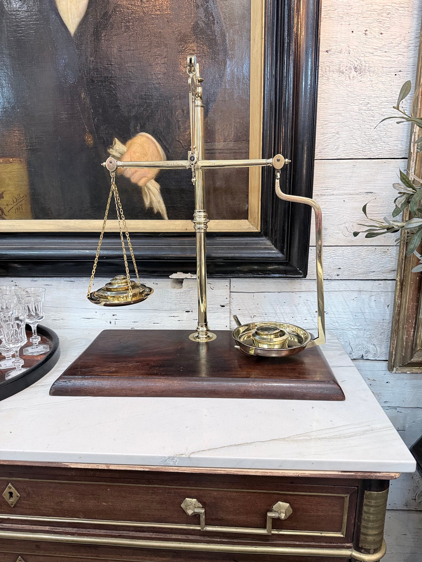 Antique English Brass Laboratory Balance Scale by Avery – Mahogany Base – Apothecary Scientific Instrument c.1900