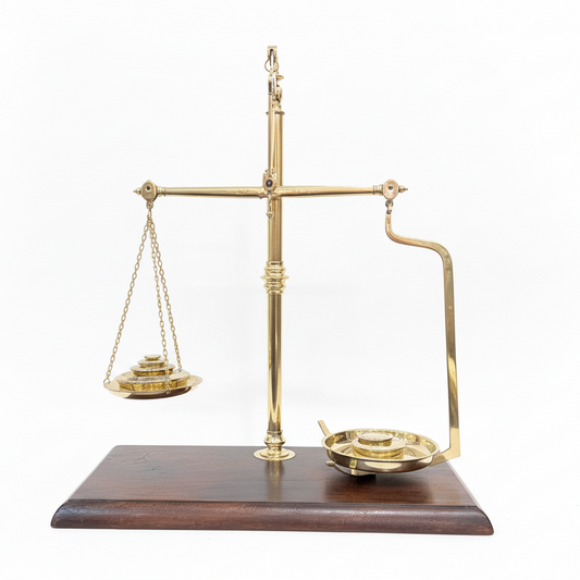 Antique English Brass Laboratory Balance Scale by Avery – Mahogany Base – Apothecary Scientific Instrument c.1900