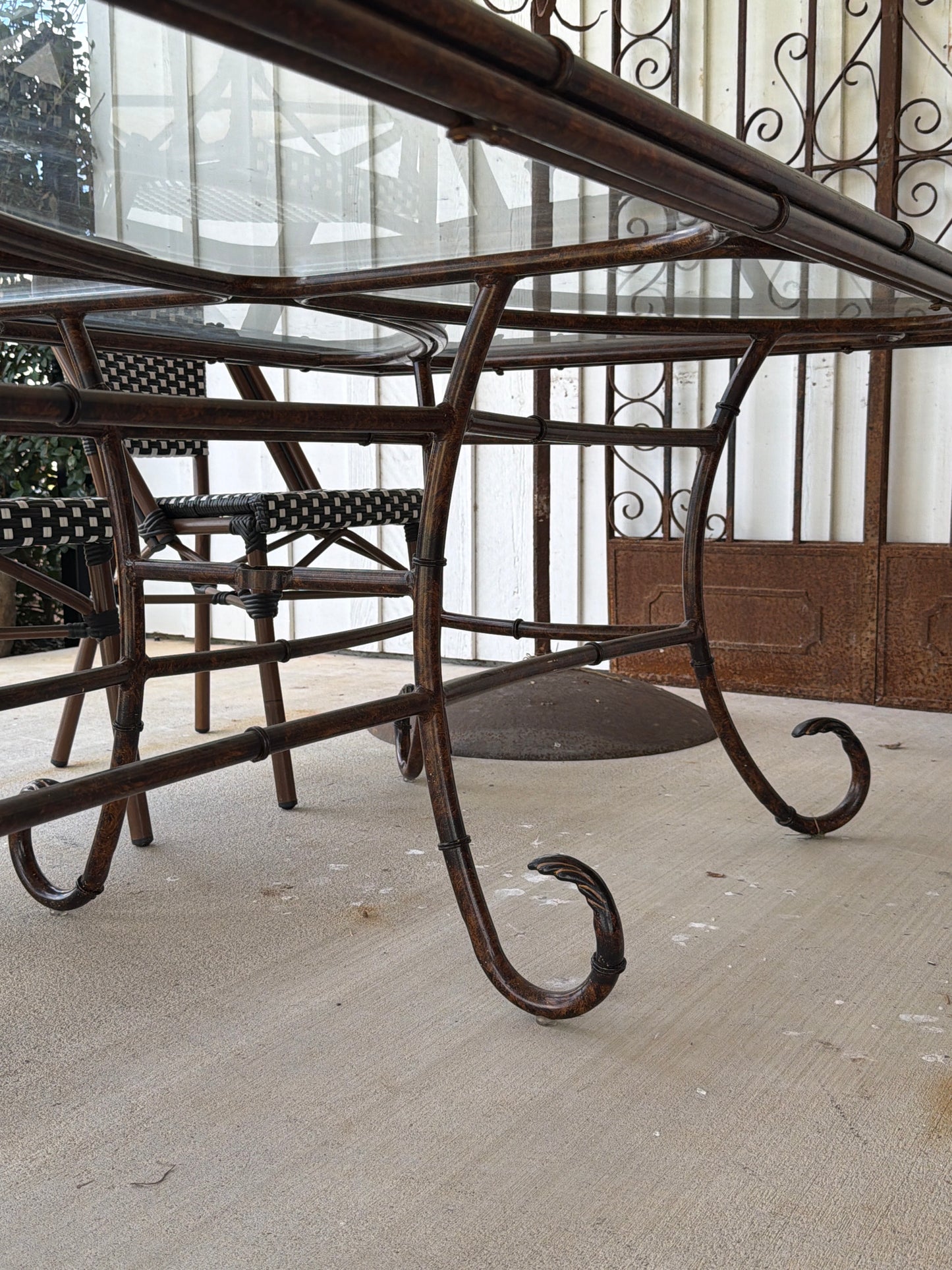 Lacquered Metal Faux Bamboo Table with Glass Top