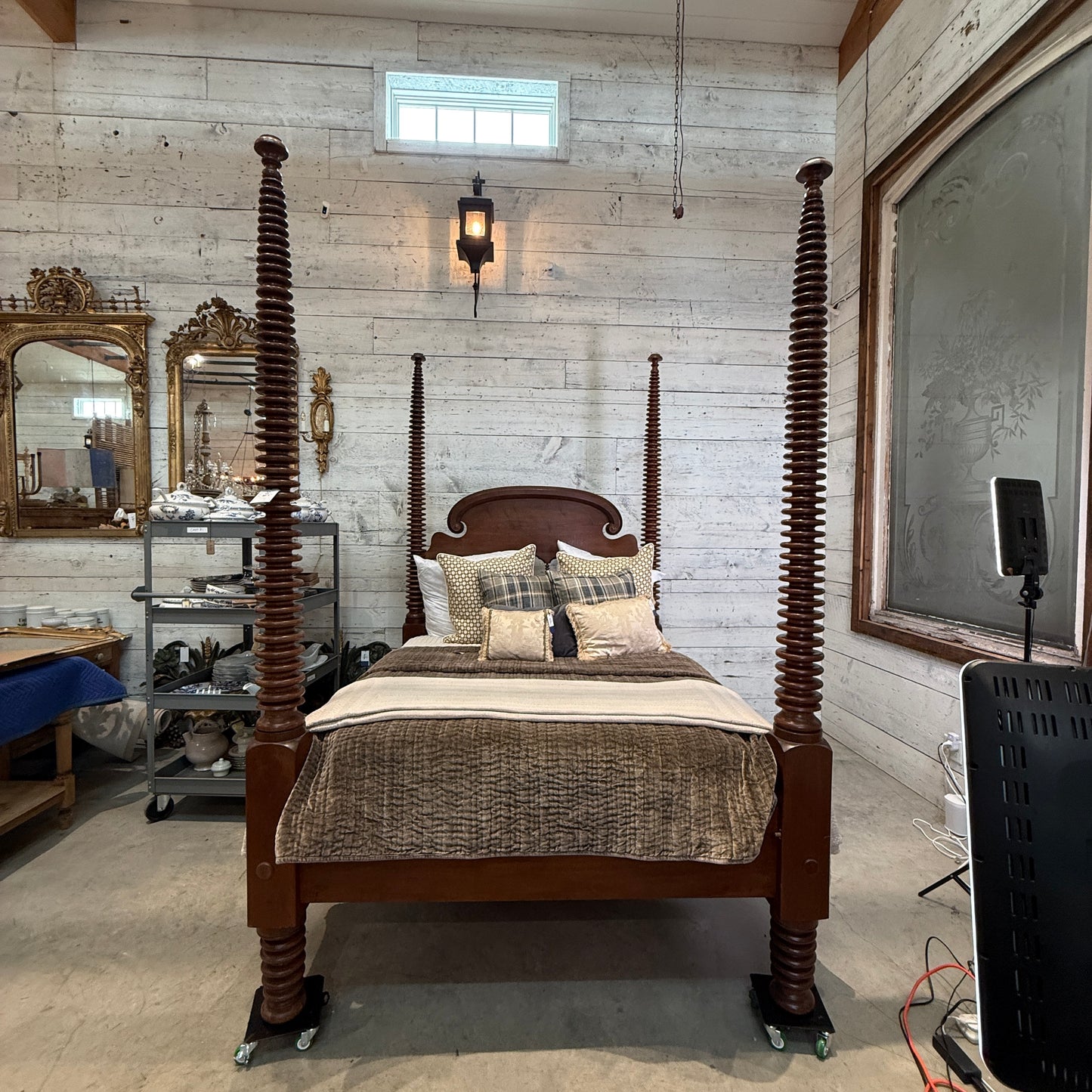Monumental 19th Century American Empire Mahogany Four Poster Canopy Bed with Bobbin Turned Posts