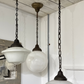 Rare 1930s Globe Schoolhouse Pendant Light with Original Forged Iron Chain