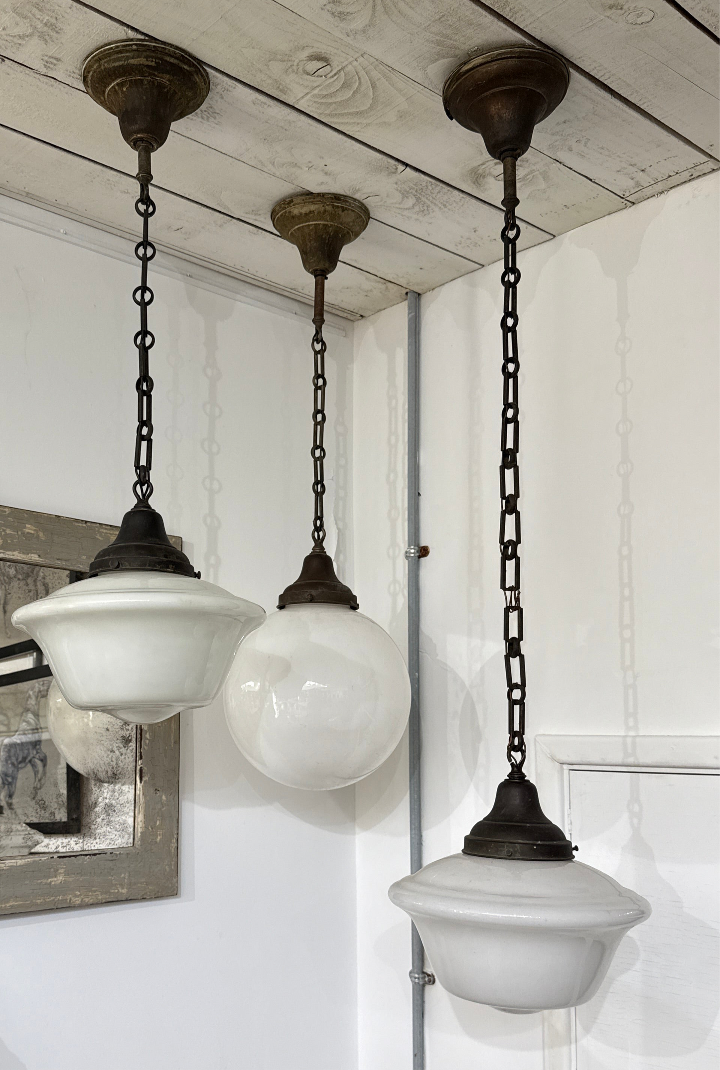 Rare 1930s Globe Schoolhouse Pendant Light with Original Forged Iron Chain