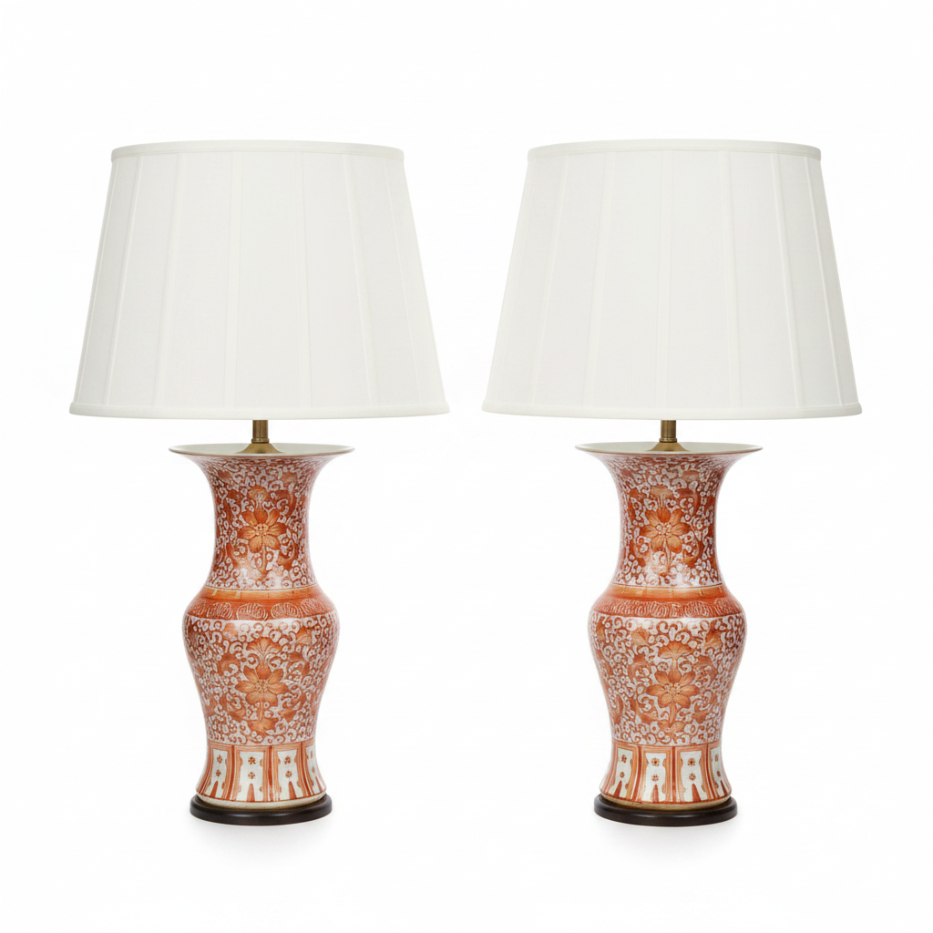 Chinese orange and white porcelain yen yen vase lamp