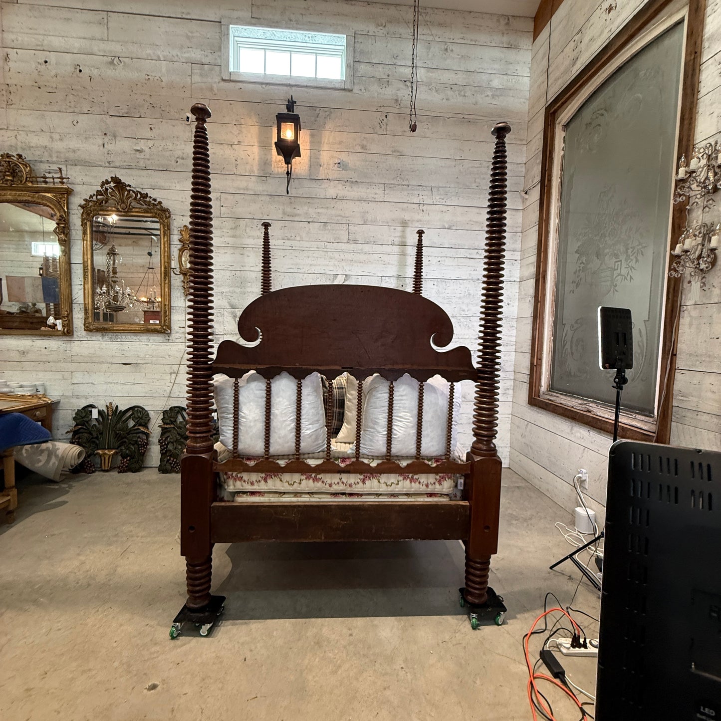Monumental 19th Century American Empire Mahogany Four Poster Canopy Bed with Bobbin Turned Posts