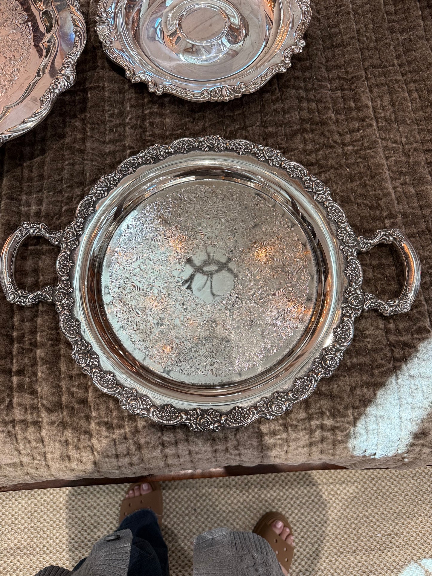 Large Vintage Silverplate Round Serving Tray with Ornate Floral Border and Handles