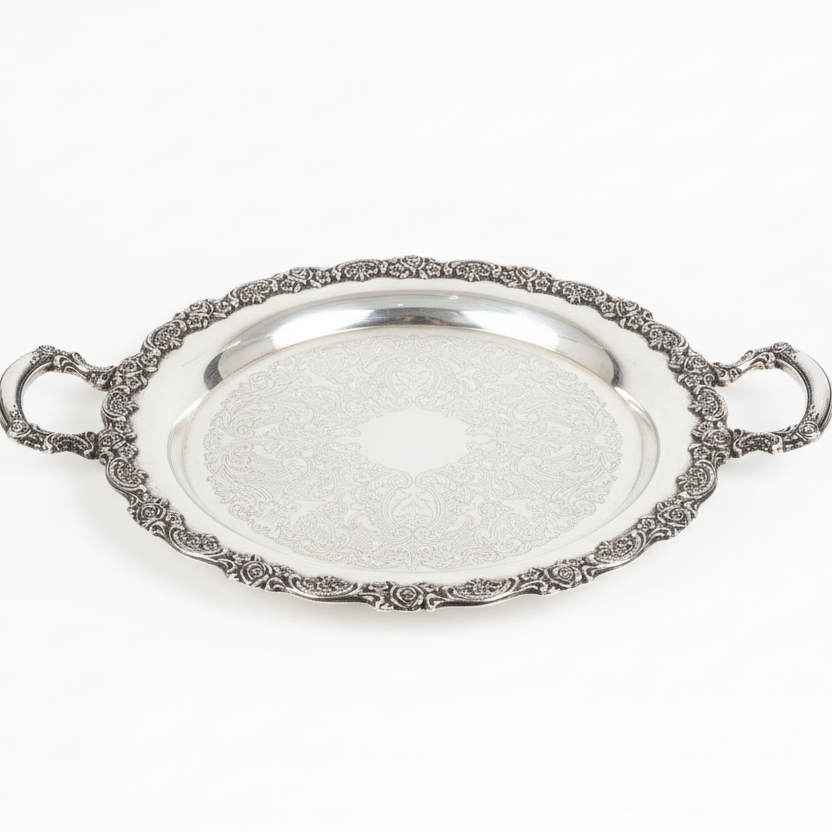 Large Vintage Silverplate Round Serving Tray with Ornate Floral Border and Handles