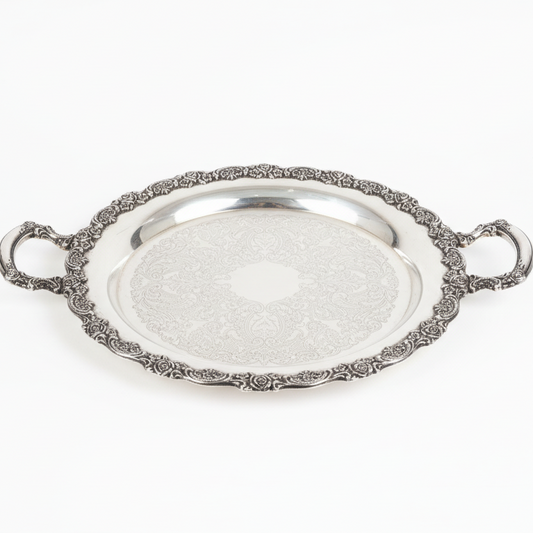 Large Vintage Silverplate Round Serving Tray with Ornate Floral Border and Handles