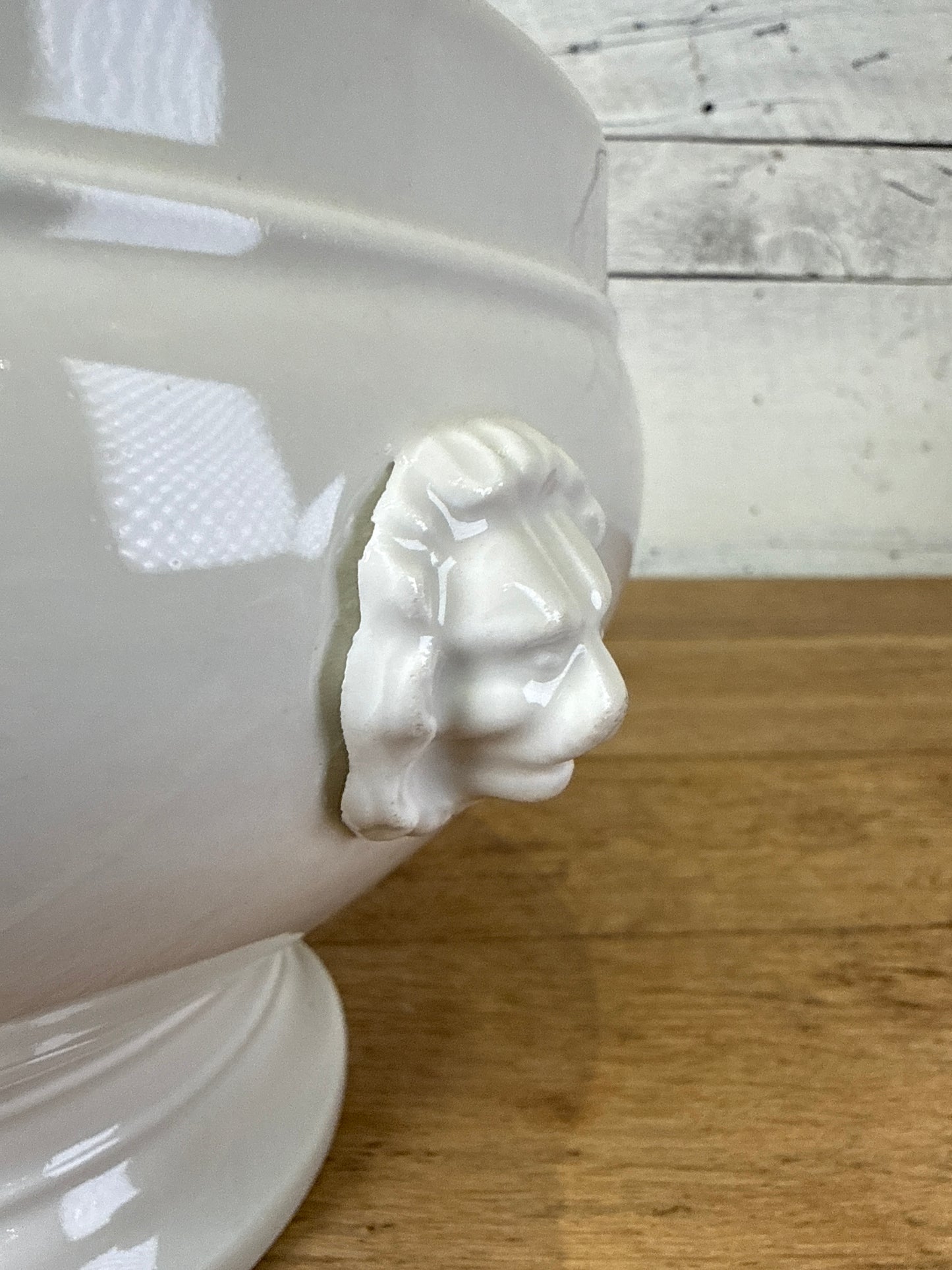 Large White Ironstone Lion Head Centerpiece Bowl on Pedestal