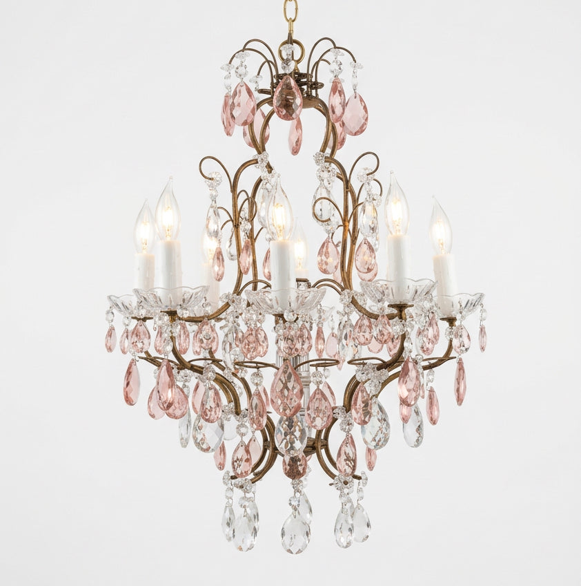 8 Arm Crystal Chandelier with Large Light Pink Tear Drops