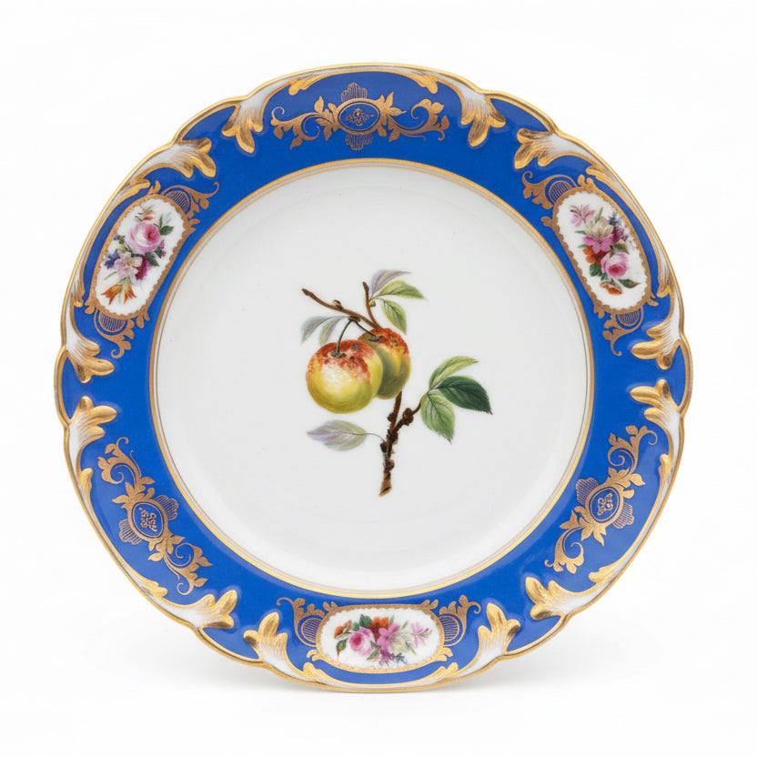 Circa 1850 French Paris Porcelain Plates with Hand Painted Fruit and Cobalt Gilt Rims