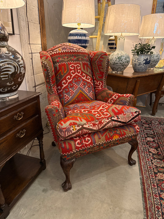 Wing Chair Covered in Anatolian Kilm