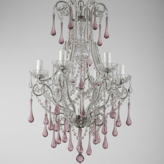 Elegant Circa 1930s Italian Murano Crystal Chandelier with Amethyst Drops