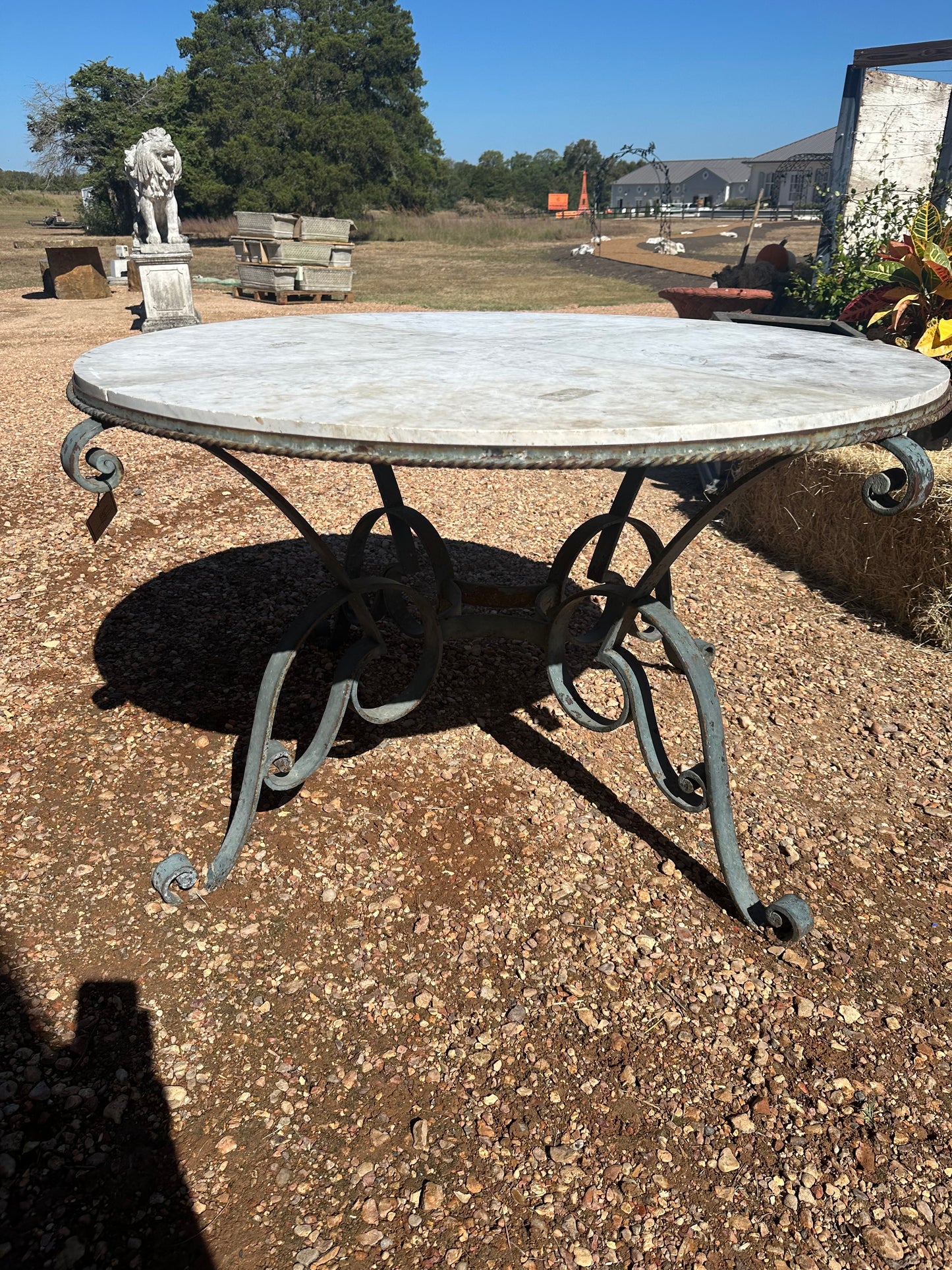 Art Deco Round 4 Piece Marble Top Table with Wrought Iron Base