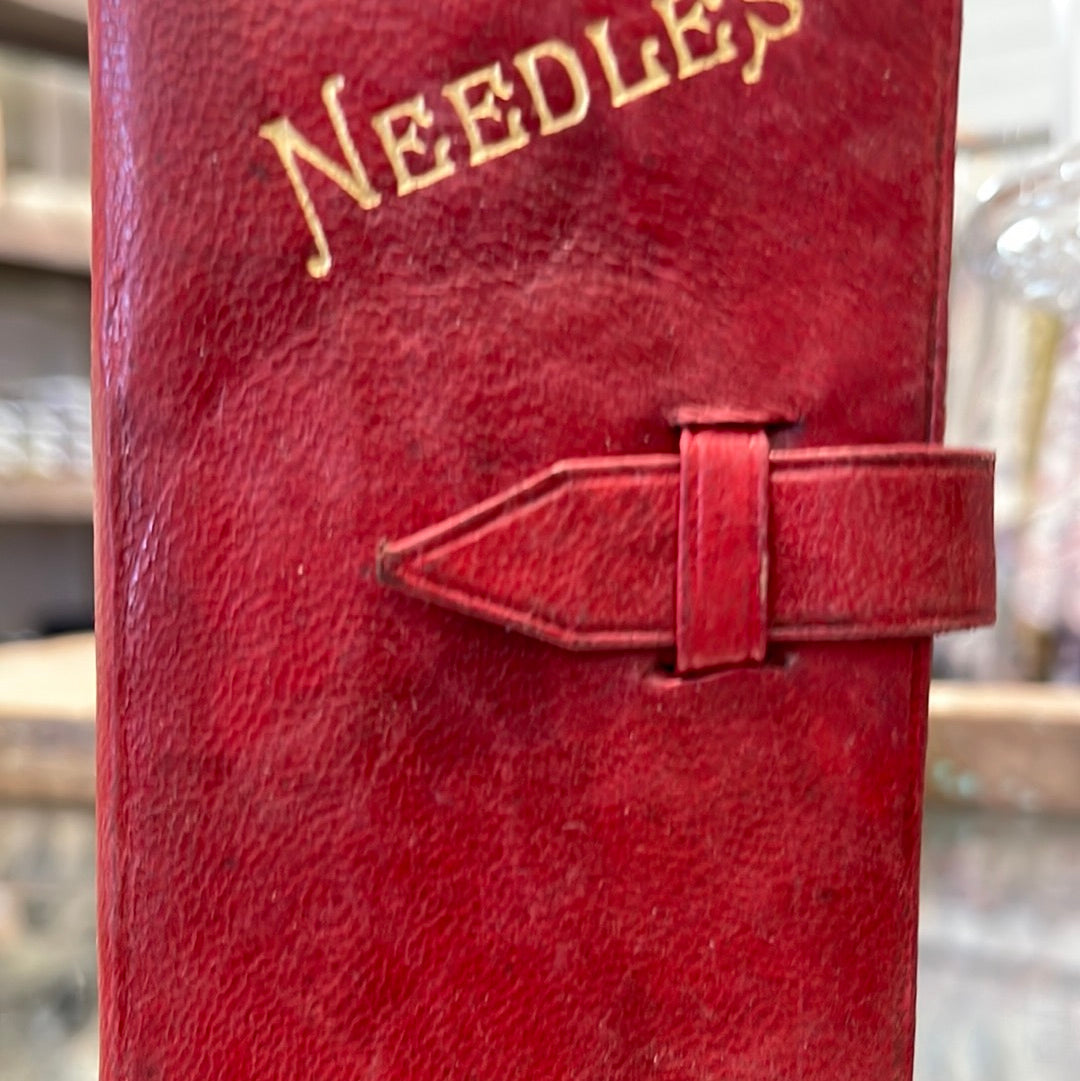 Vintage Antique Leather Needle Case Red with Gold Embossing