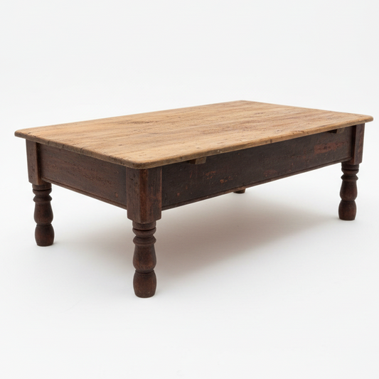 French Oak Coffee Table with Turned Legs and Drawer