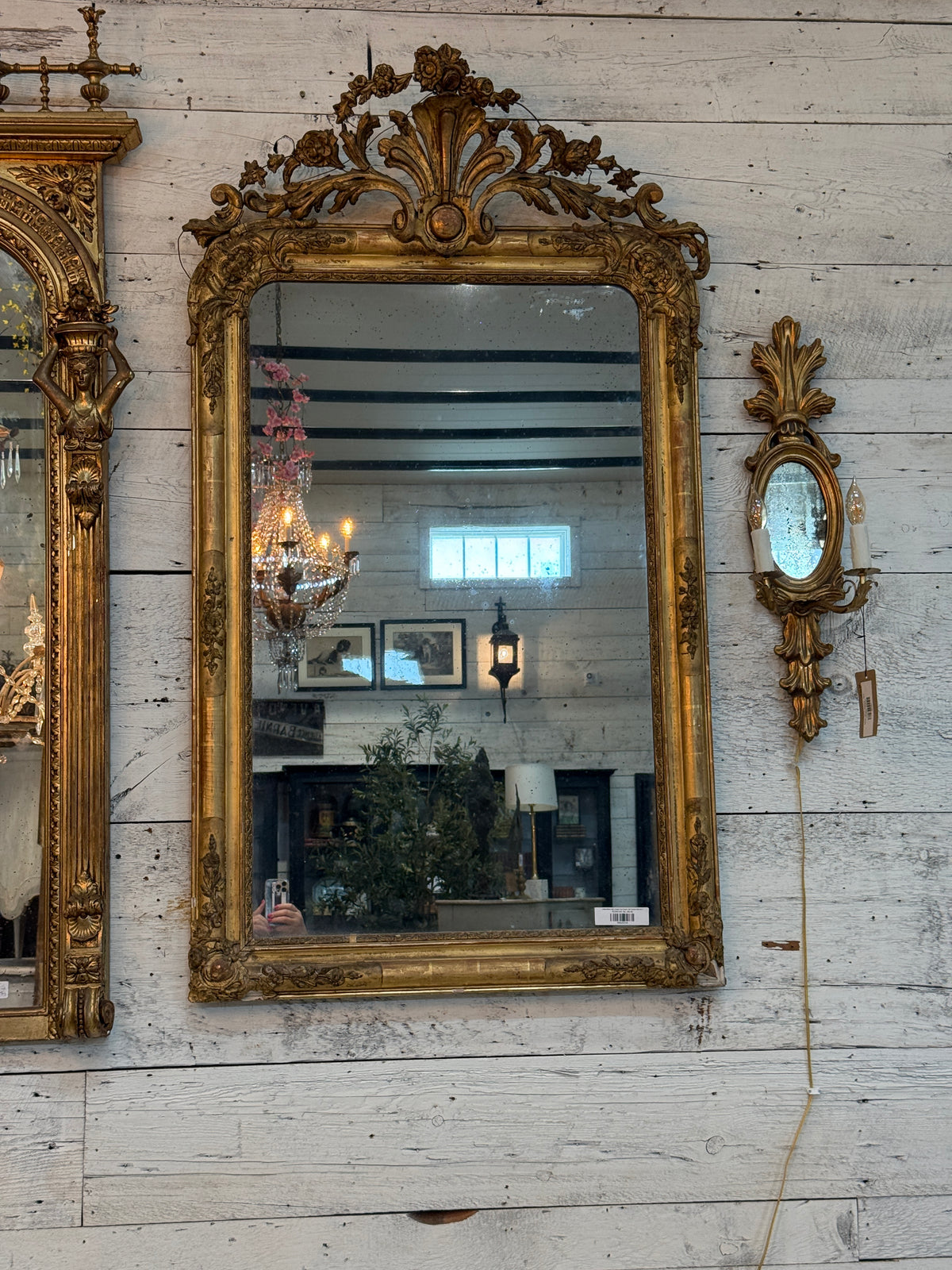 Monumental Louis XVI Style Giltwood Mirror with Foliate Crest