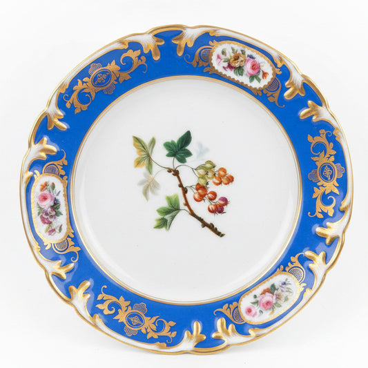 Circa 1850 French Paris Porcelain Plates with Hand Painted Fruit and Cobalt Gilt Rims