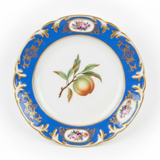 Circa 1850 French Paris Porcelain Plates with Hand Painted Fruit and Cobalt Gilt Rims